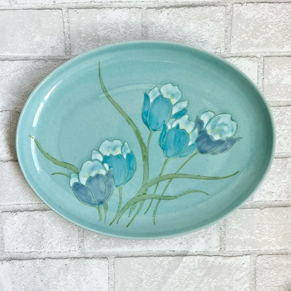 VTG Metlox Vernon Ware Tulip Time Oval Platter MCM Blue Turquoise 13